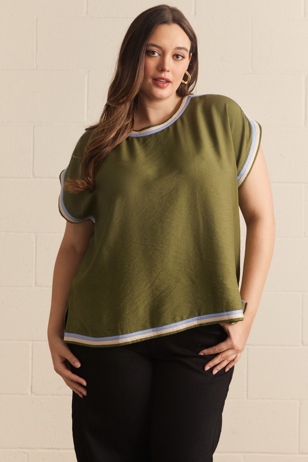 ENTRO Solid Cap Sleeve Top With Contrast Trim In Olive PLUS Sizes *COMING SOON*
