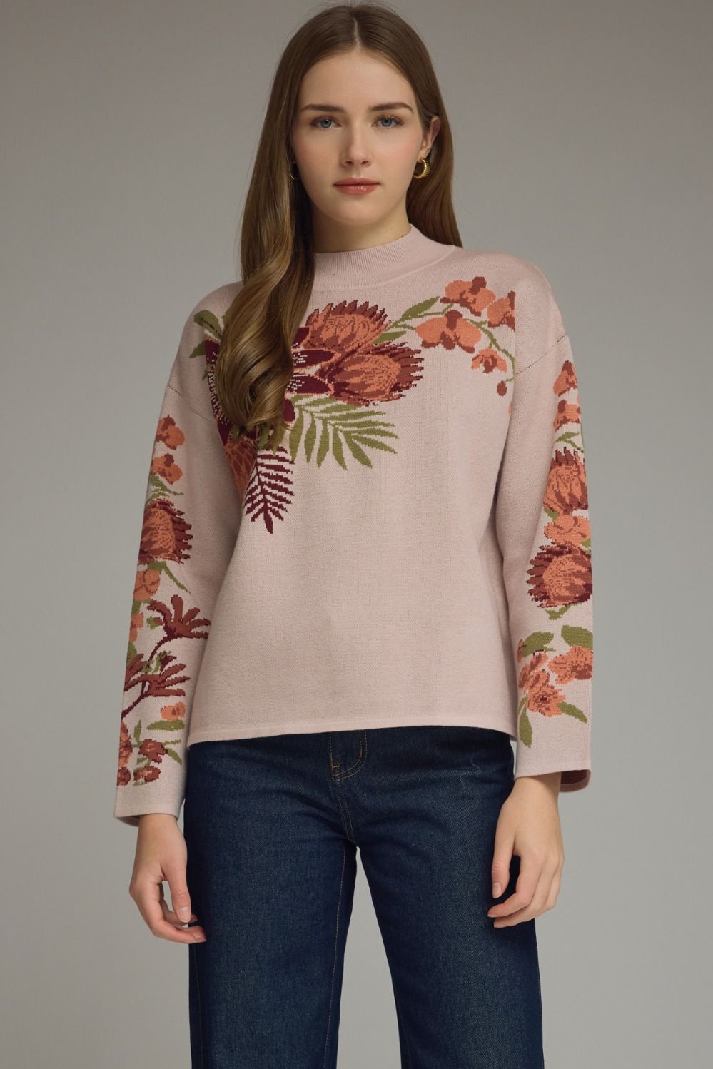 Entro Floral Motif Long Sleeve Knit Top In Dusty Blush