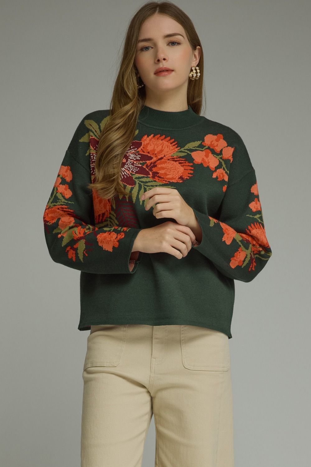 Entro Floral Motif Long Sleeve Knit Top In Hunter Green *COMING SOON*