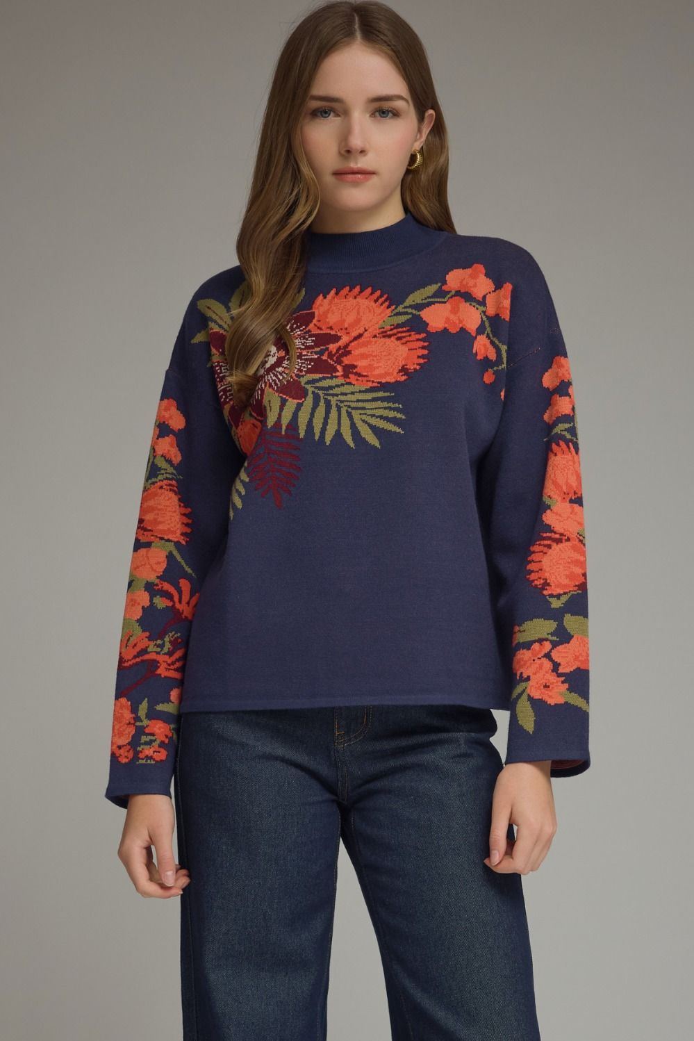 Entro Floral Motif Long Sleeve Knit Top In Navy *COMING SOON*