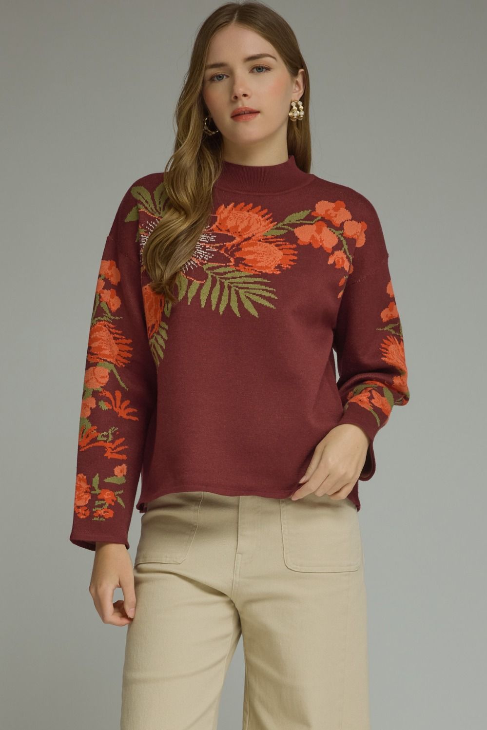 Entro Floral Motif Long Sleeve Knit Top In Wine *COMING SOON*