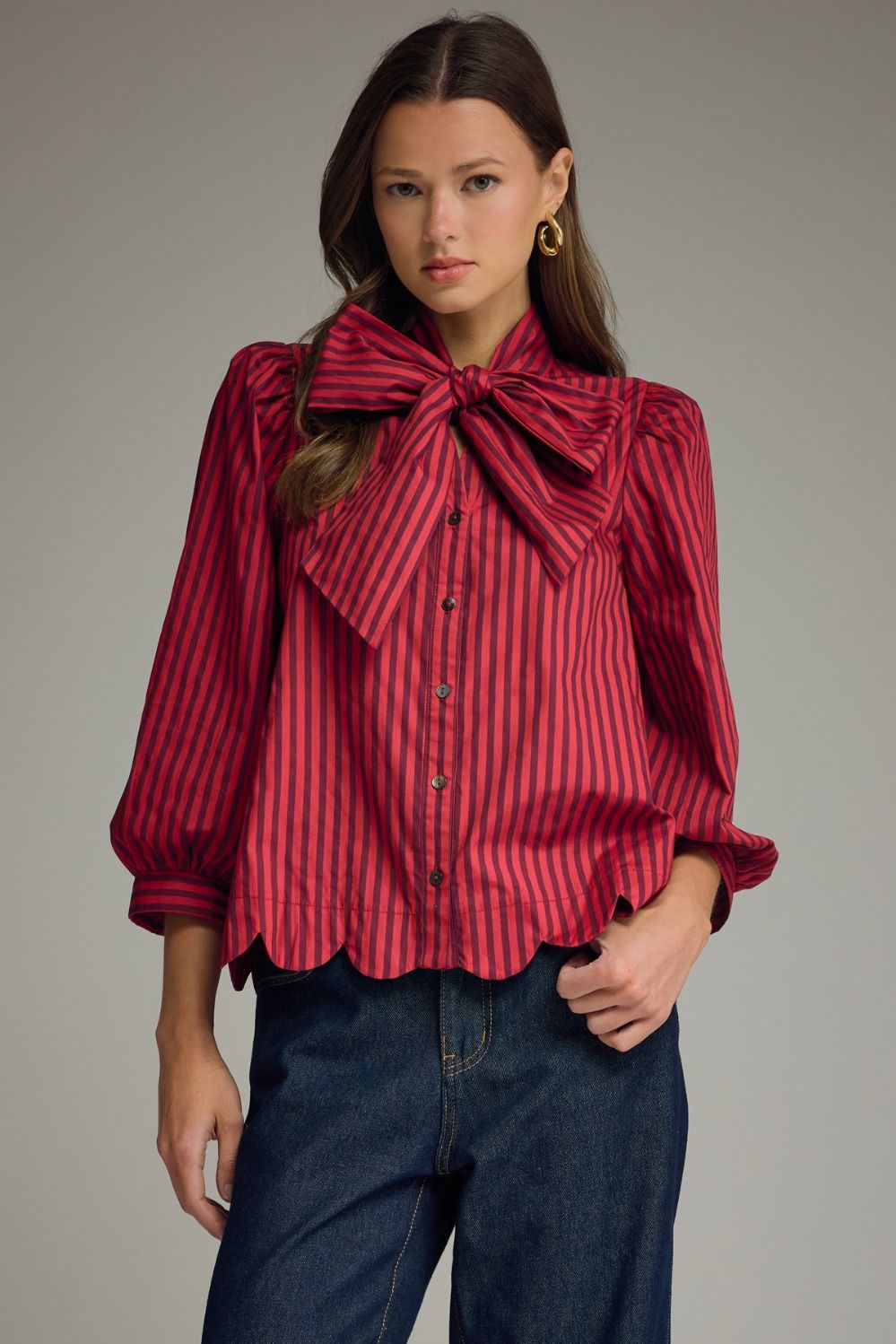 ENTRO Striped Neck Tie 3/4 Sleeve Top In Red Brown *COMING SOON*