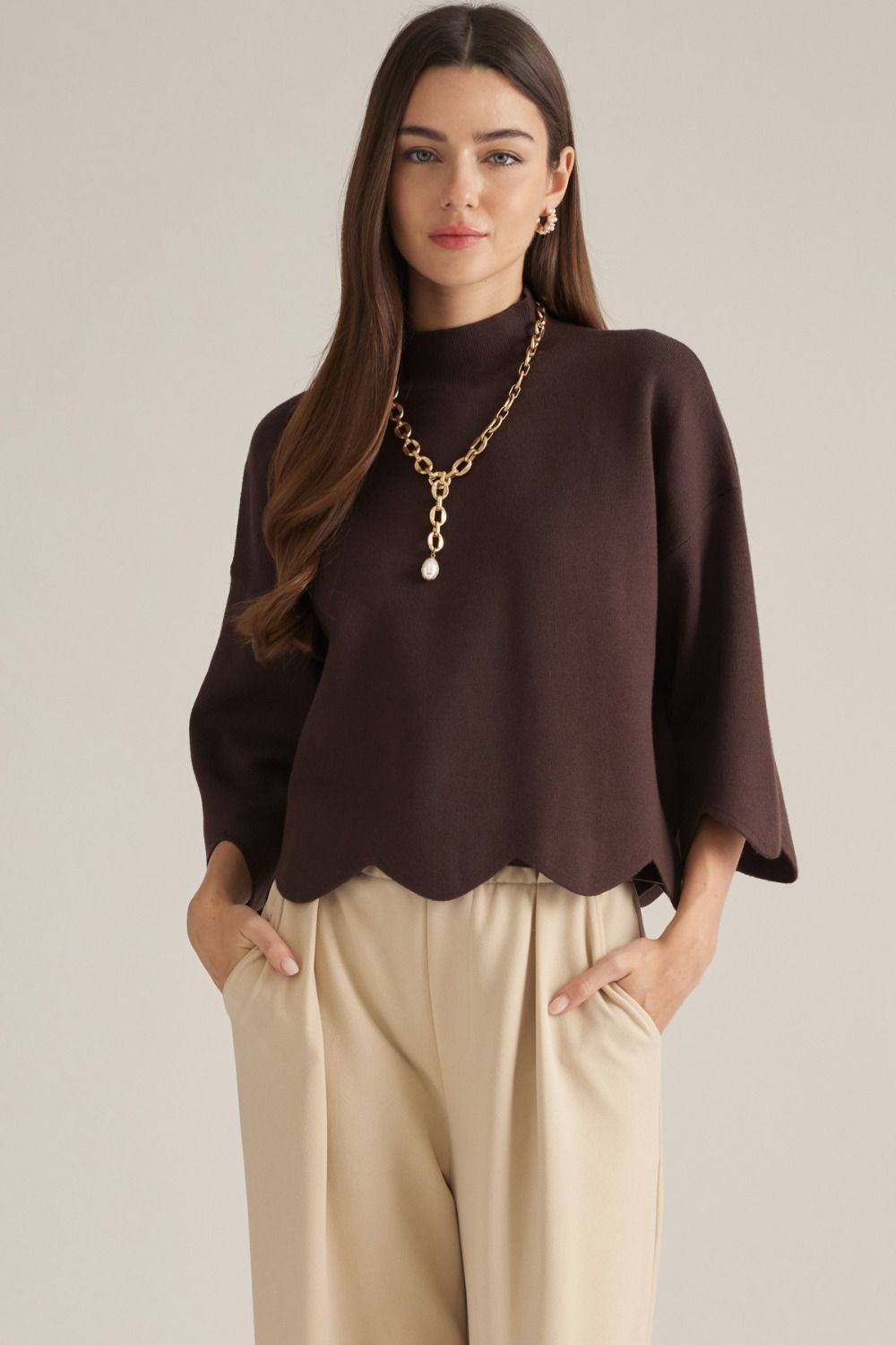 ENTRO Solid Mock Neck Top With Scalloped Hem In Brown