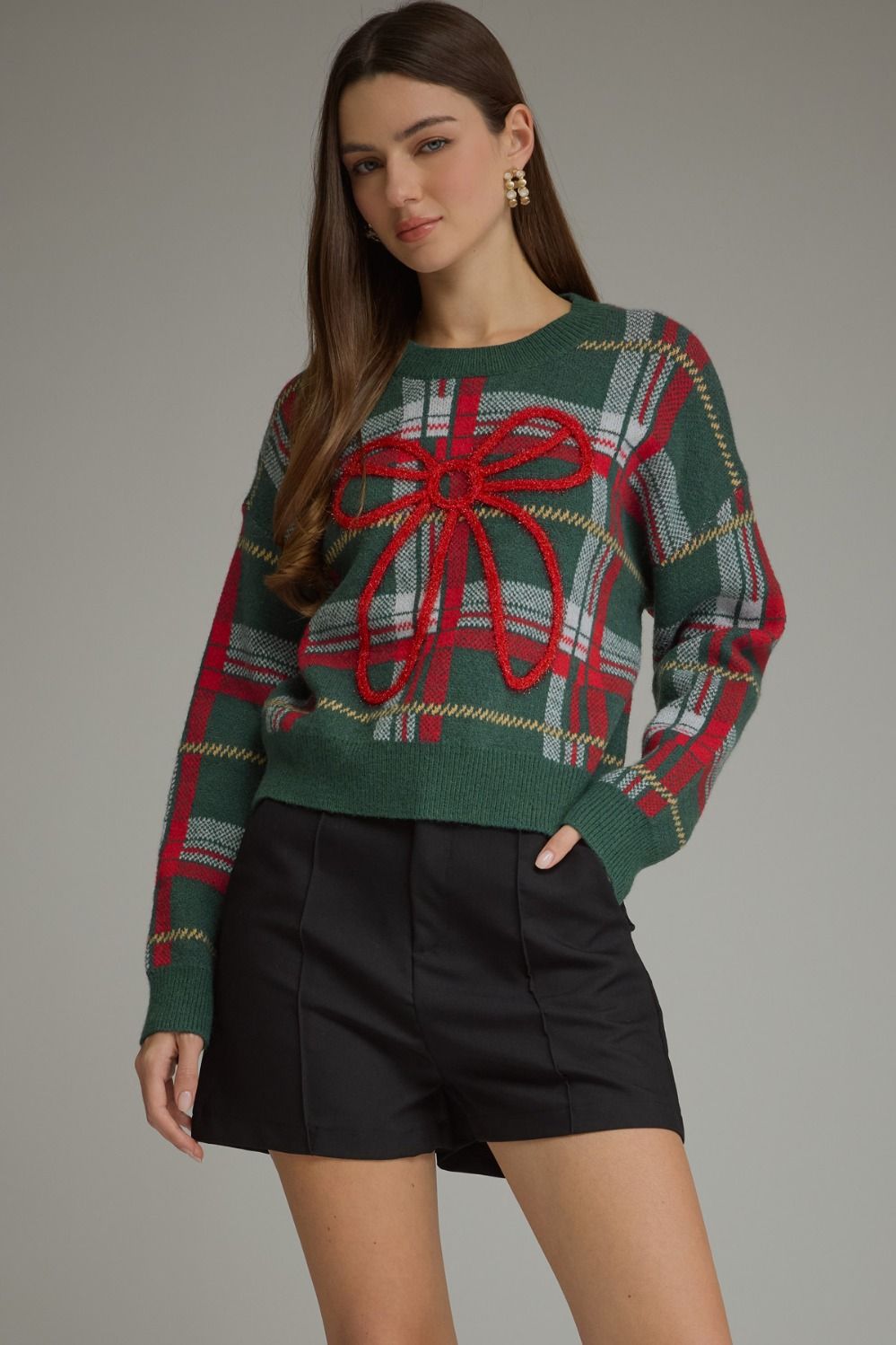 ENTRO Plaid Long Sleeve Sweater With Bow In Green