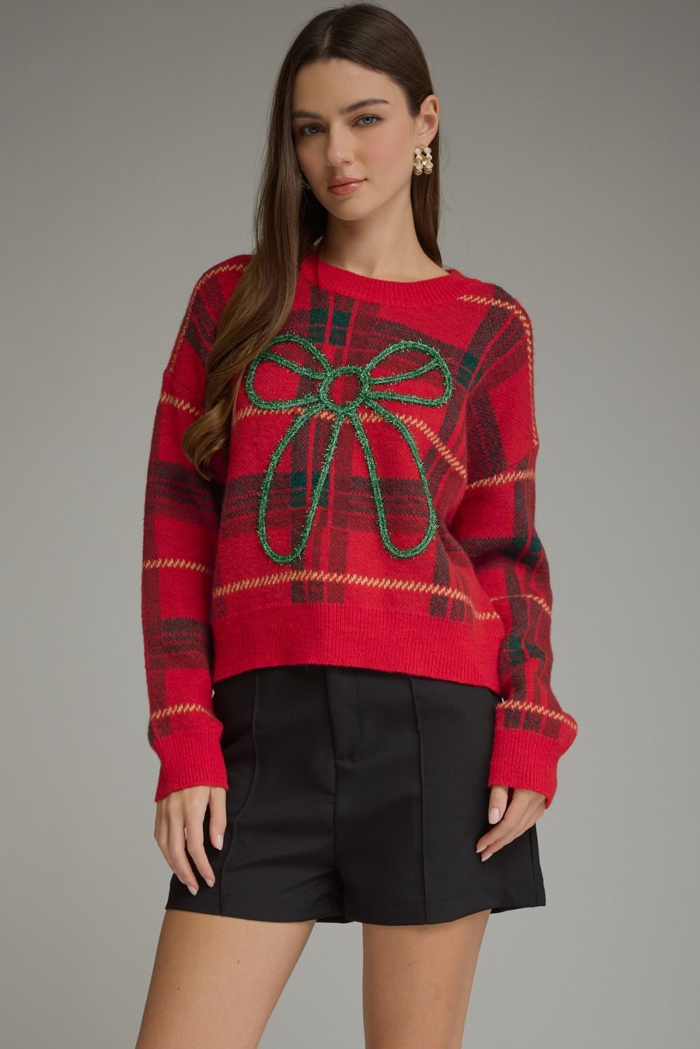 ENTRO Plaid Long Sleeve Sweater With Bow In Red