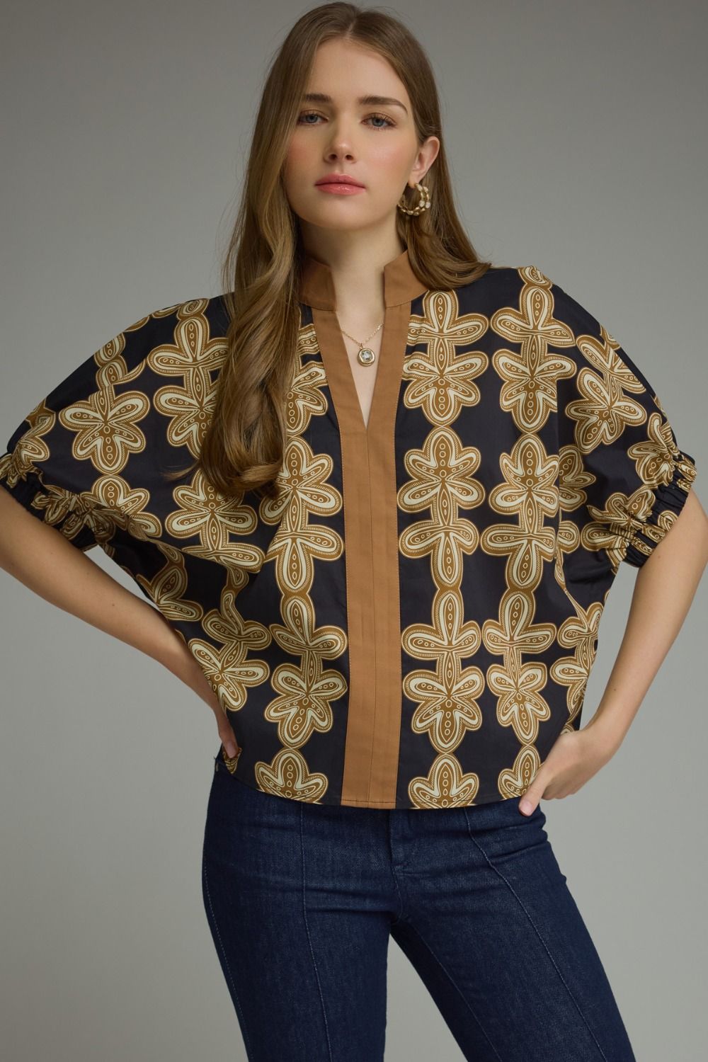 Entro Printed Dolman Top With Contrast Band In Black *COMING SOON*