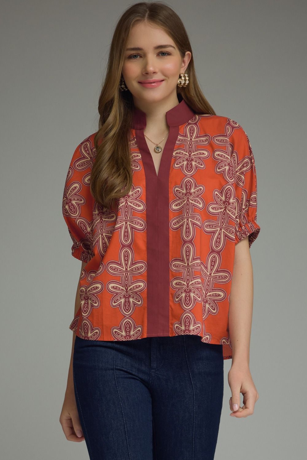 Entro Printed Dolman Top With Contrast Band In Brick *COMING SOON*