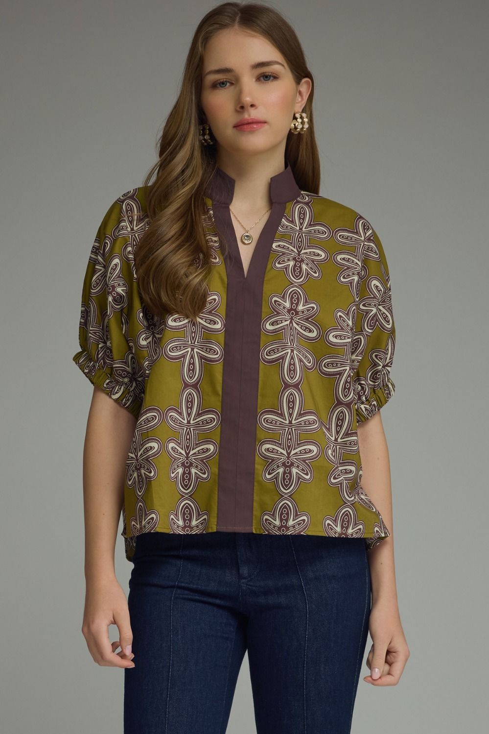 Entro Printed Dolman Top With Contrast Band In Martini Olive *COMING SOON*