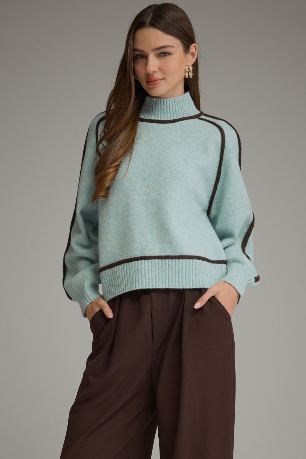 ENTRO Long Sleeve Sweater Top With Contrast Trim In Light Blue