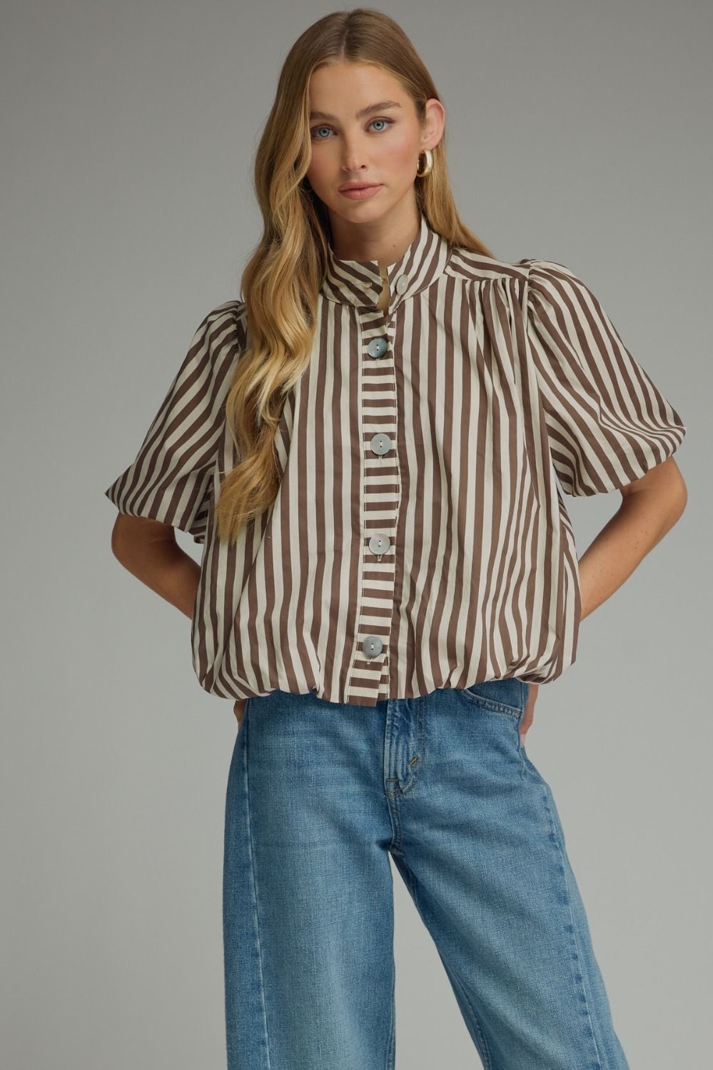 ENTRO Striped Short Puff Sleeve Bubble Top In Brown Ecru