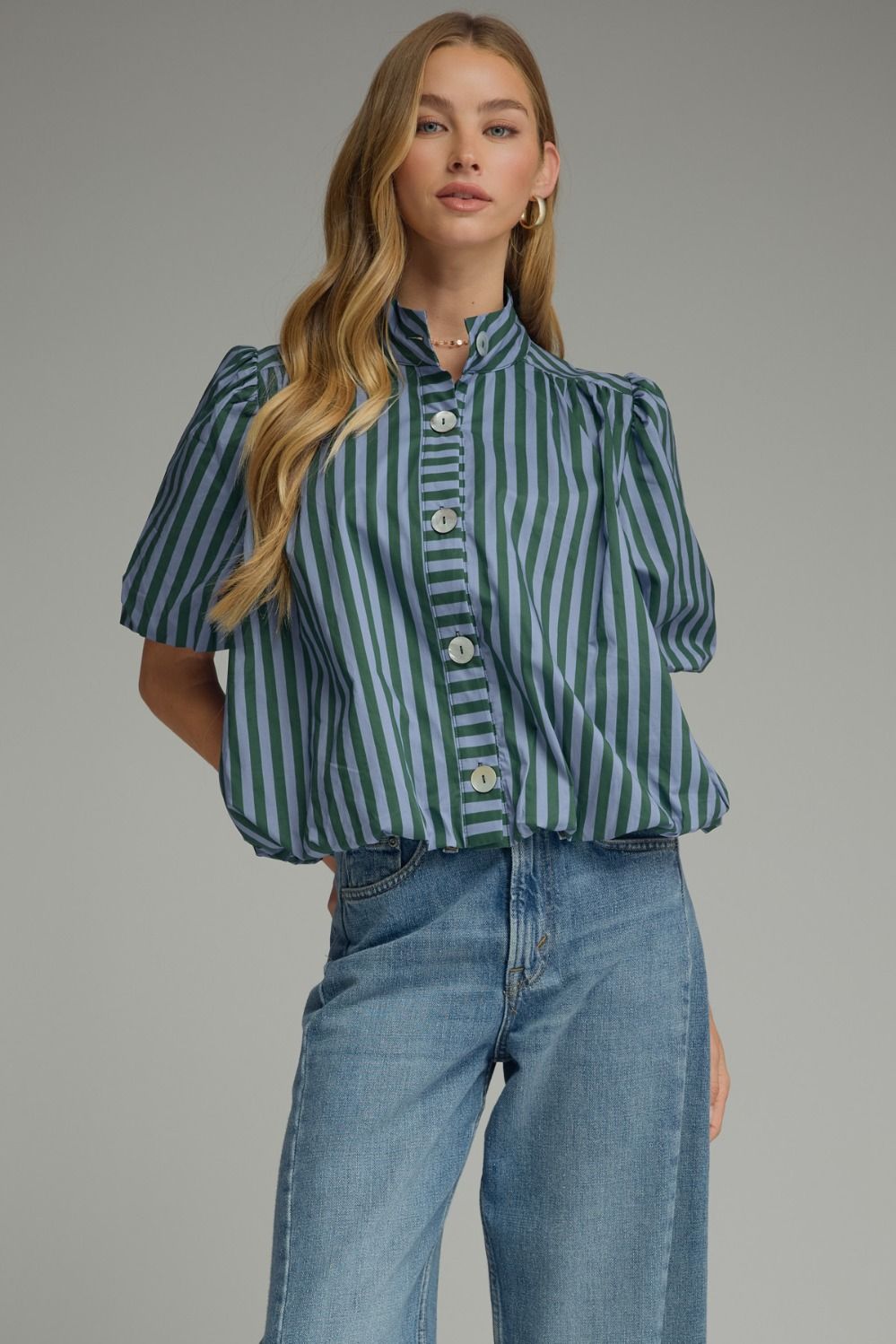 ENTRO Striped Short Puff Sleeve Bubble Top In Hunter Green Blue