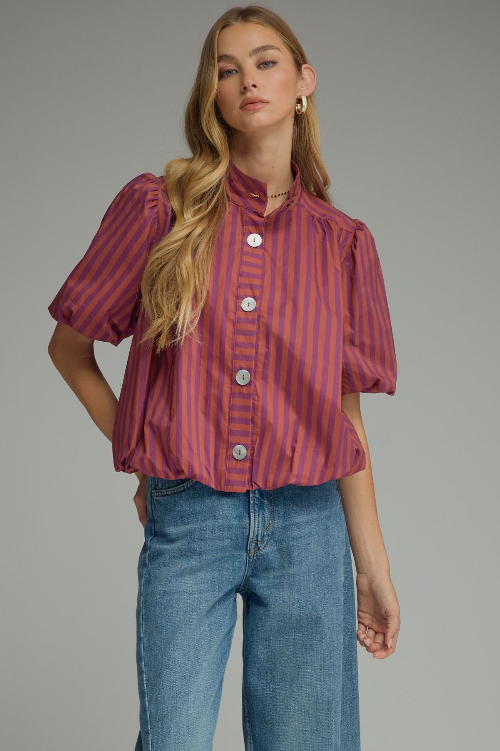 ENTRO Striped Short Puff Sleeve Bubble Top In Plum