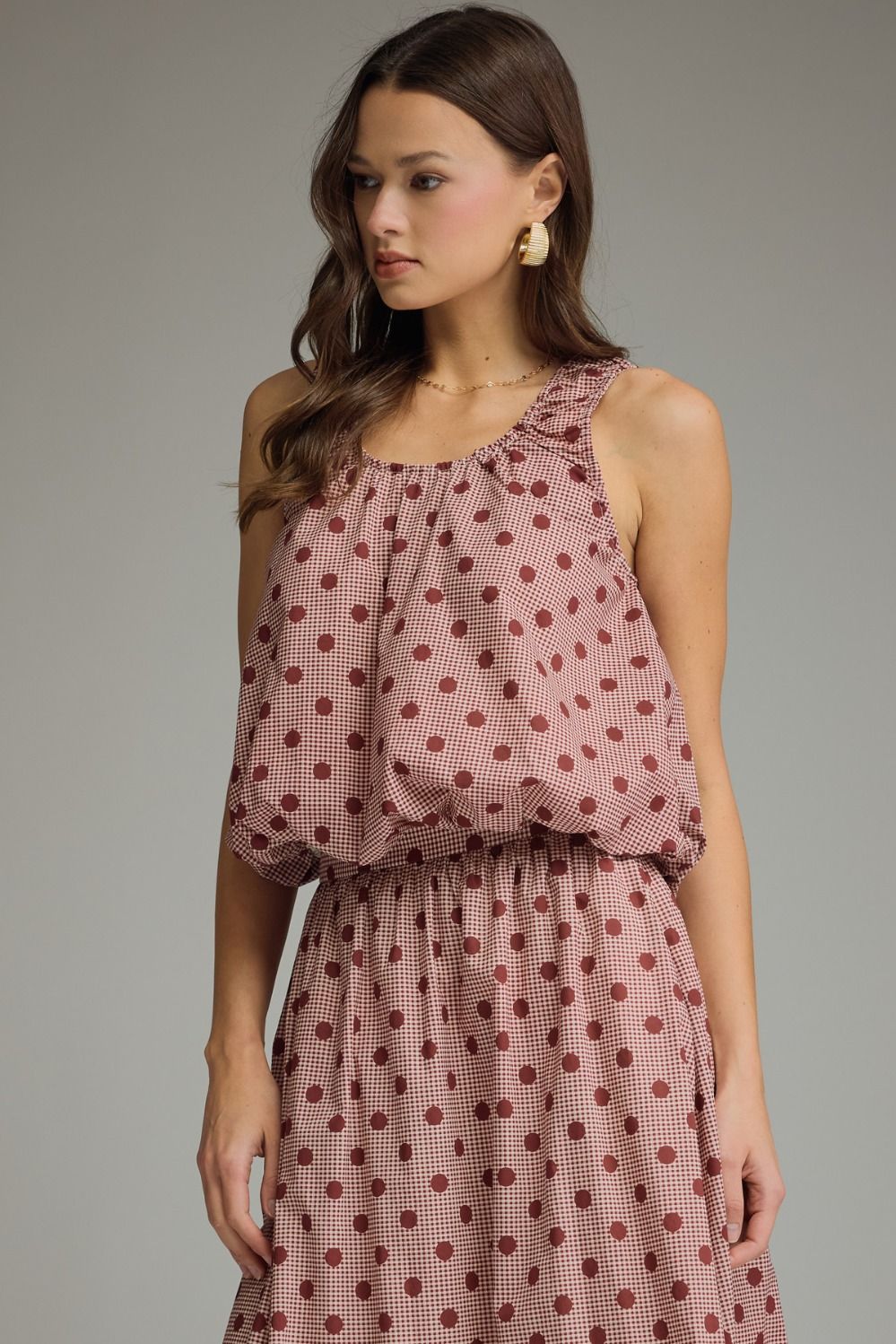 ENTRO Gingham Polka Dot Sleeveless Top In Burgundy