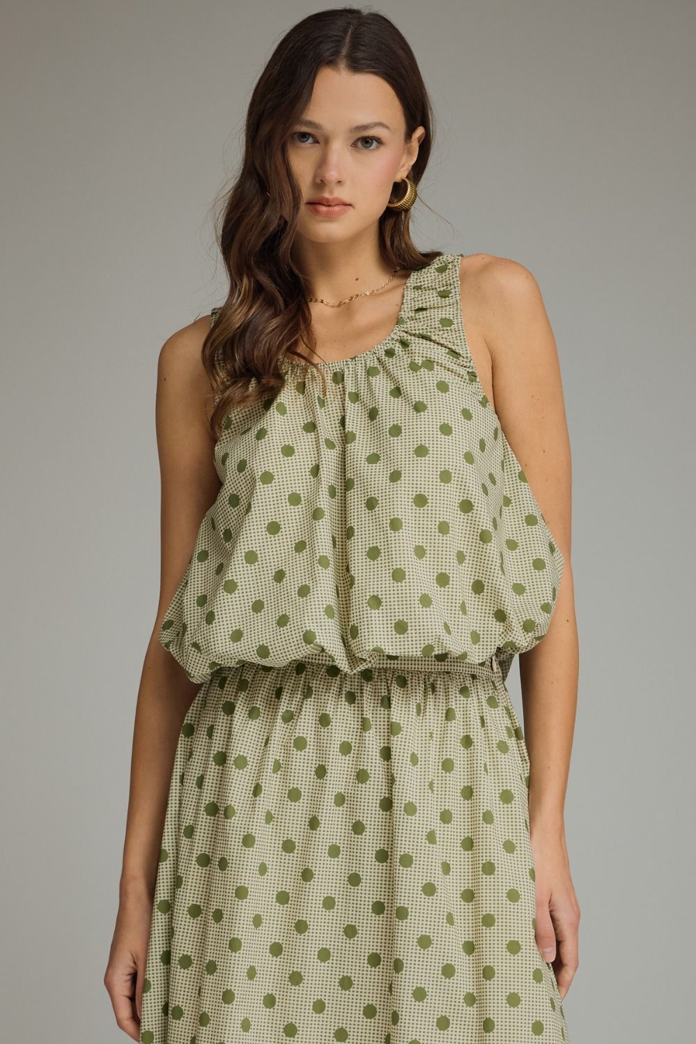 ENTRO Gingham Polka Dot Sleeveless Top In Olive