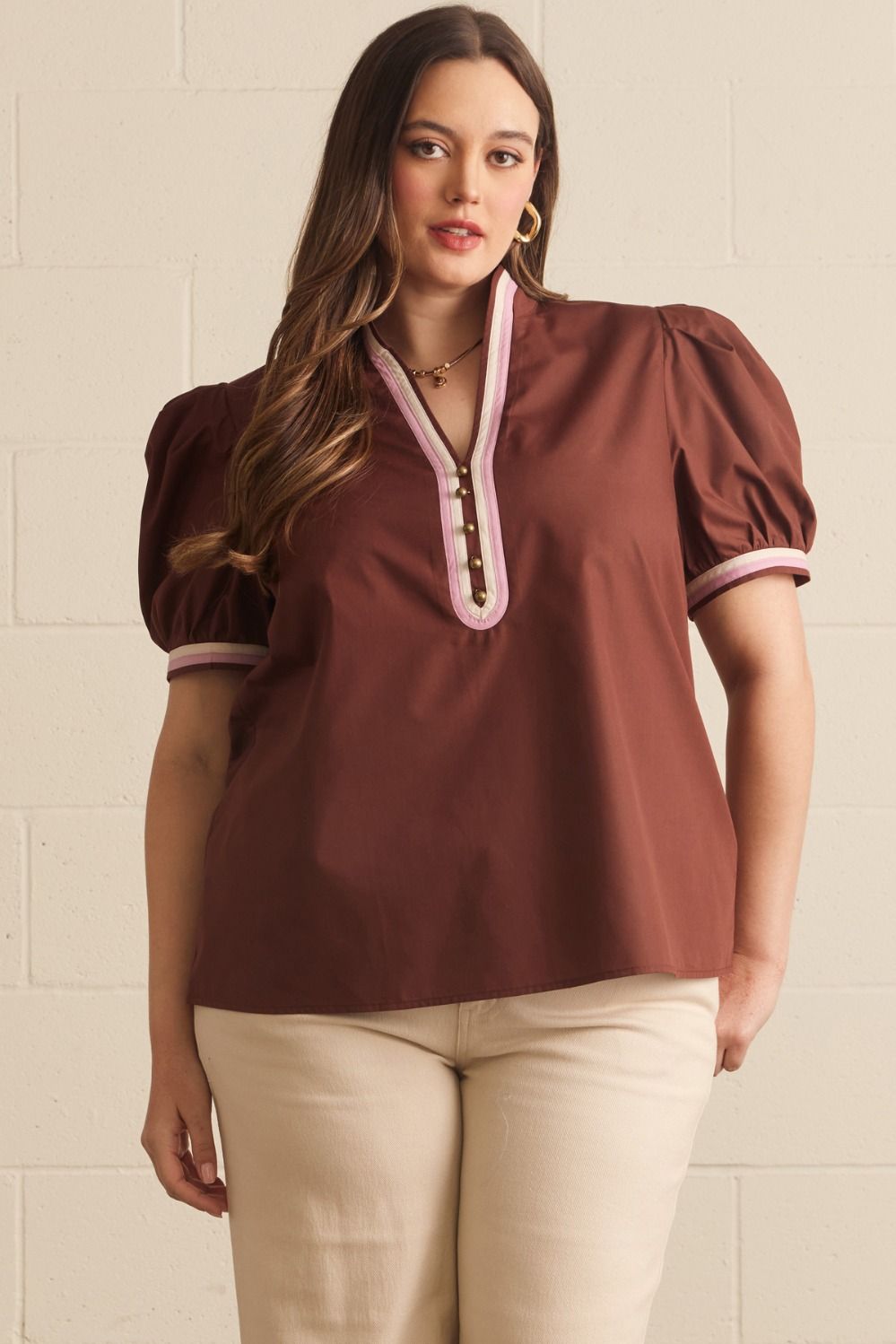 ENTRO Short Puff Sleeve Top With Contrast Binding In Chocolate PLUS Sizes *COMING SOON*