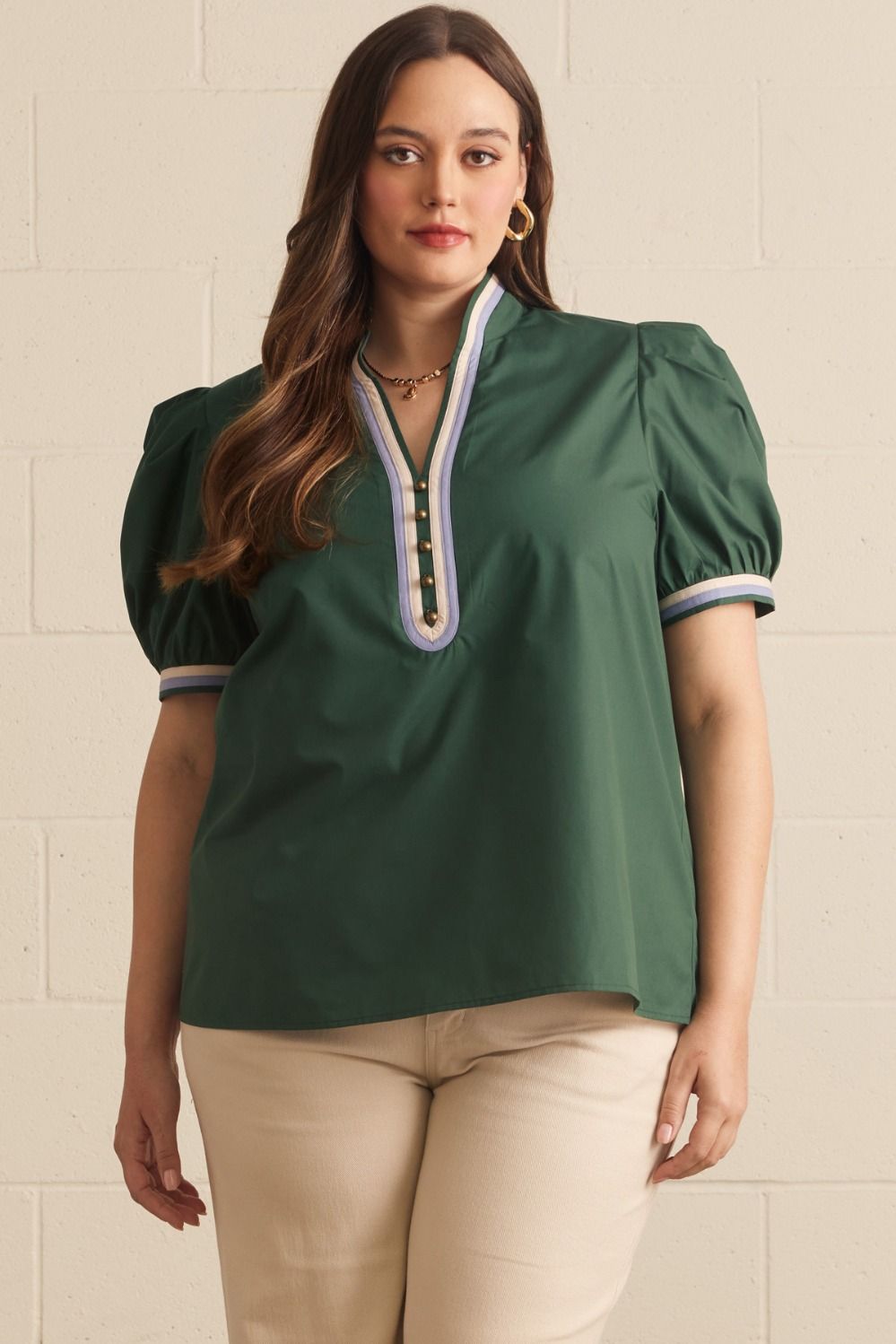 ENTRO Short Puff Sleeve Top With Contrast Binding In Hunter Green PLUS Sizes *COMING SOON*