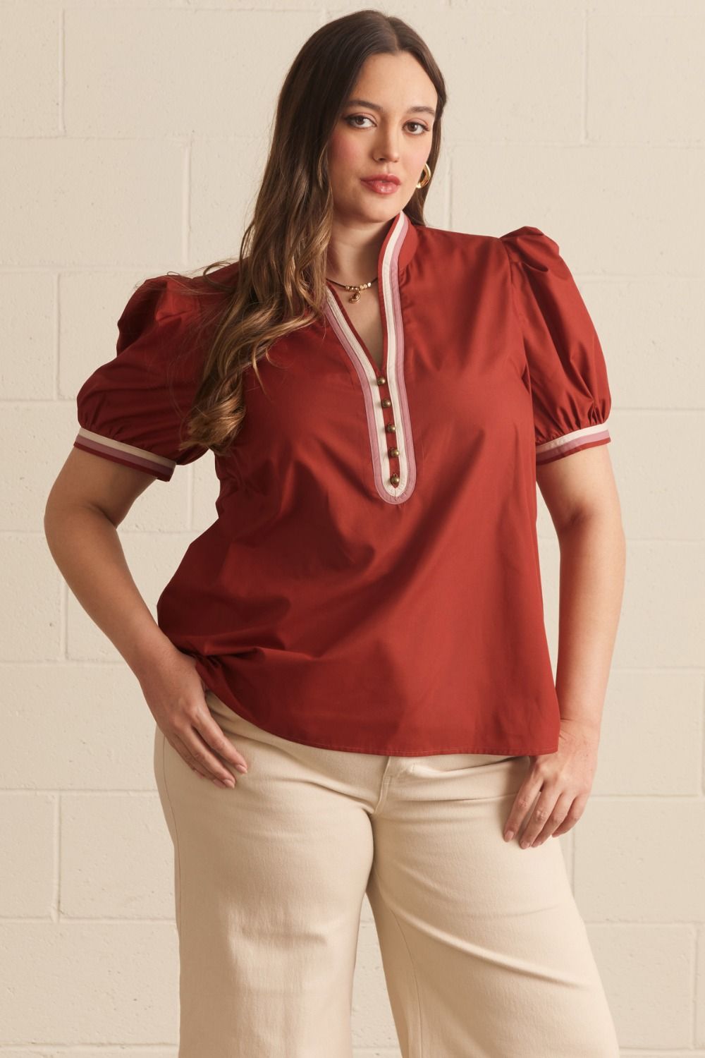 ENTRO Short Puff Sleeve Top With Contrast Binding In Rust PLUS Sizes *COMING SOON*