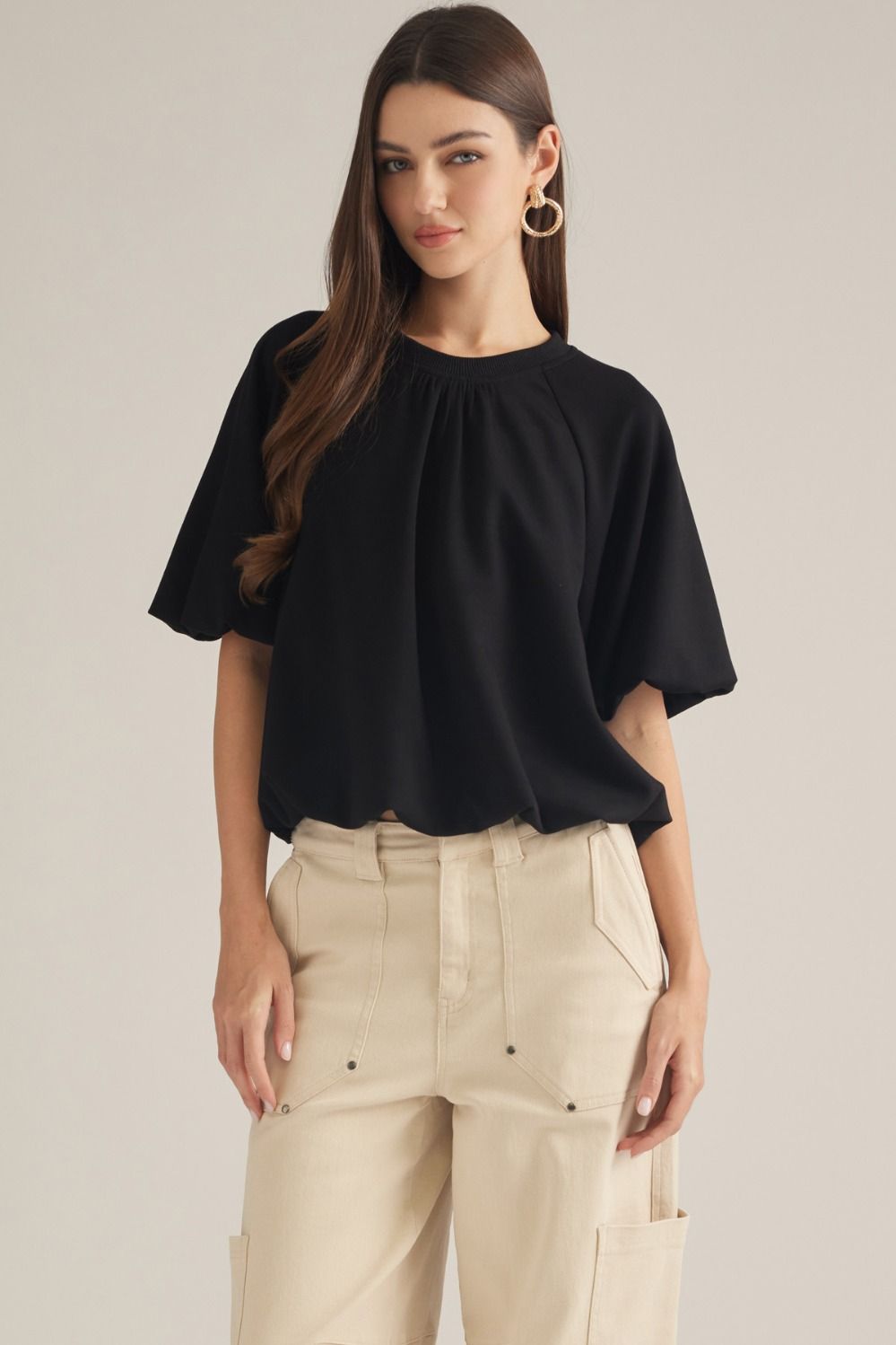 ENTRO Solid Short Sleeve Knit Top With Bubble Hem In Black *COMING SOON*