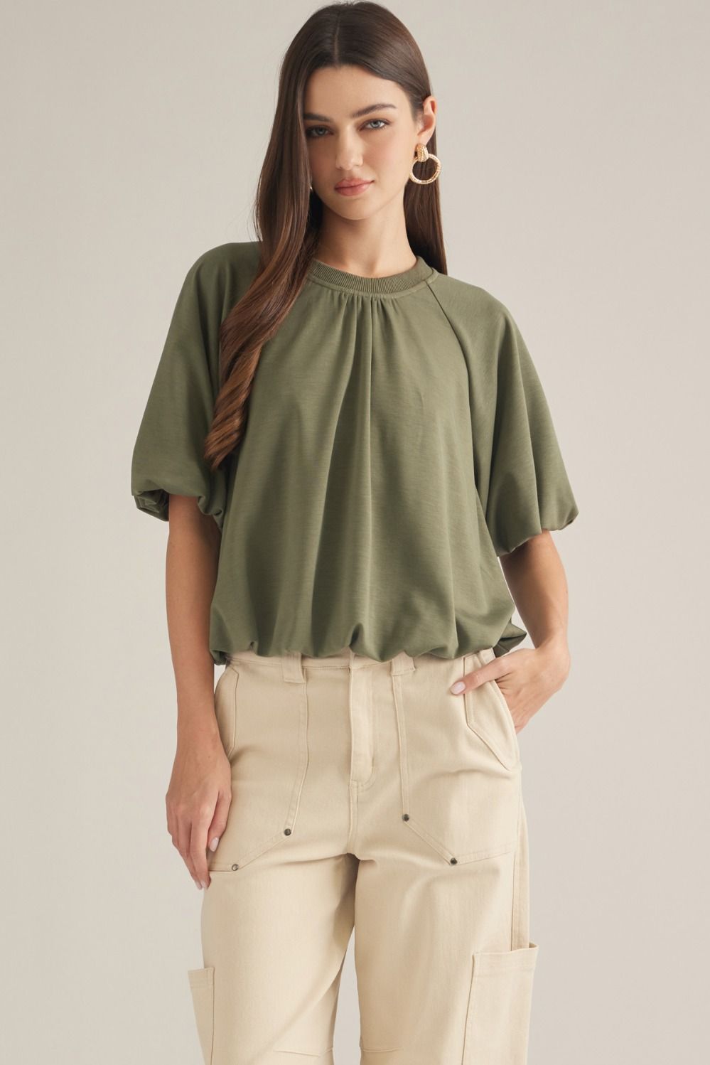 ENTRO Solid Short Sleeve Knit Top With Bubble Hem In Olive *COMING SOON*