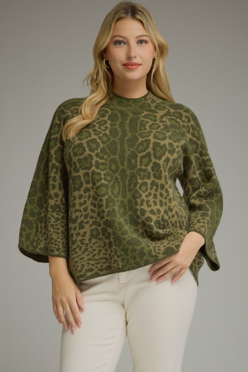 ENTRO Animal Print 3/4 Sleeve Top In Olive *COMING SOON*