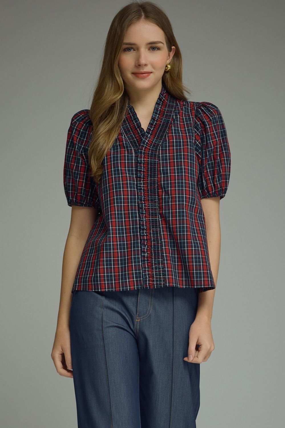 ENTRO Plaid Short Puff Sleeve Top In Navy