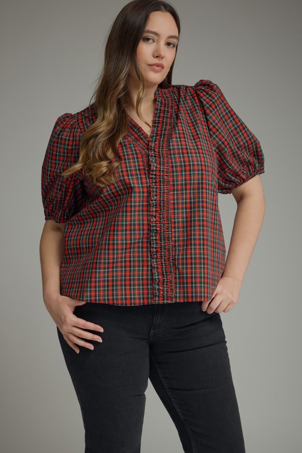ENTRO Plaid Puff Sleeve Top With Ruched V Neck In Red PLUS Sizes *COMING SOON*