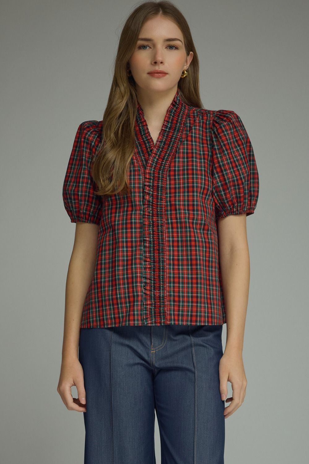 ENTRO Plaid Short Puff Sleeve With Ruched V Neck In Red