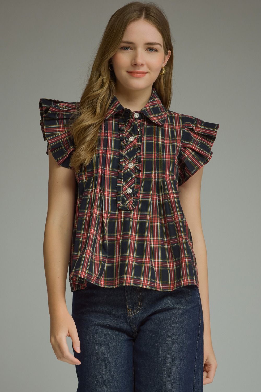 ENTRO Plaid Flutter Sleeve Top In Dark Navy
