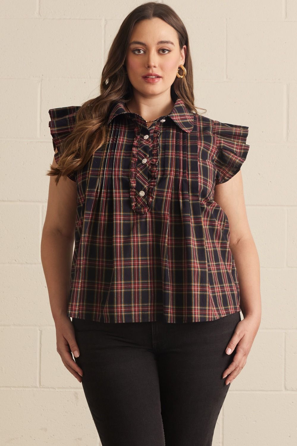 ENTRO Plaid Flutter Sleeve Top In Dark Navy PLUS Sizes *COMING SOON*