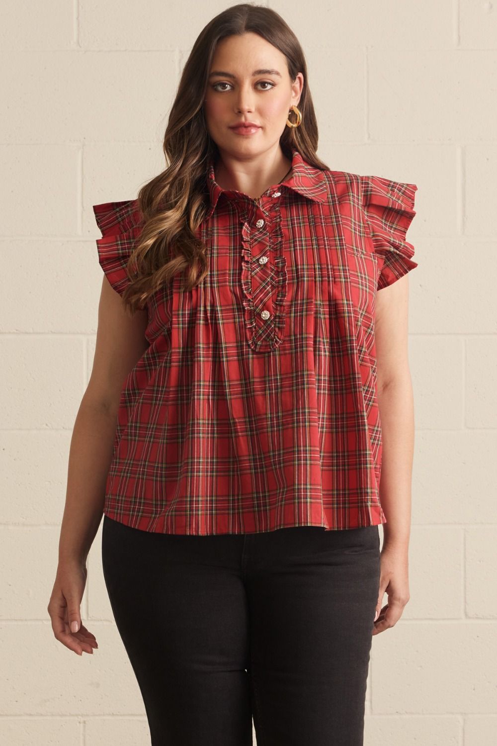 ENTRO Plaid Flutter Sleeve Top In Red PLUS Sizes