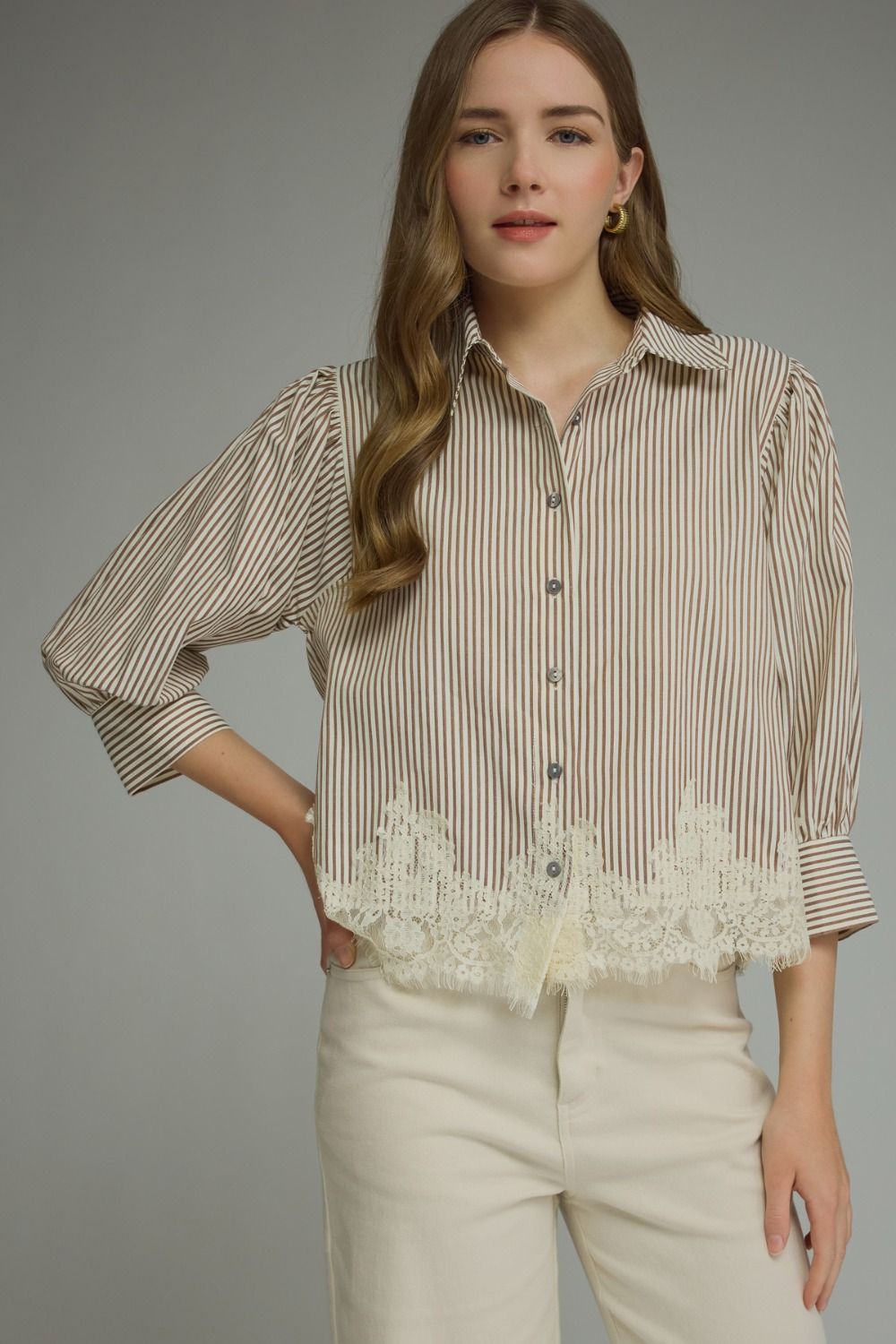 ENTRO Striped 3/4 Sleeve With Lace Hem In Brown *COMING SOON*