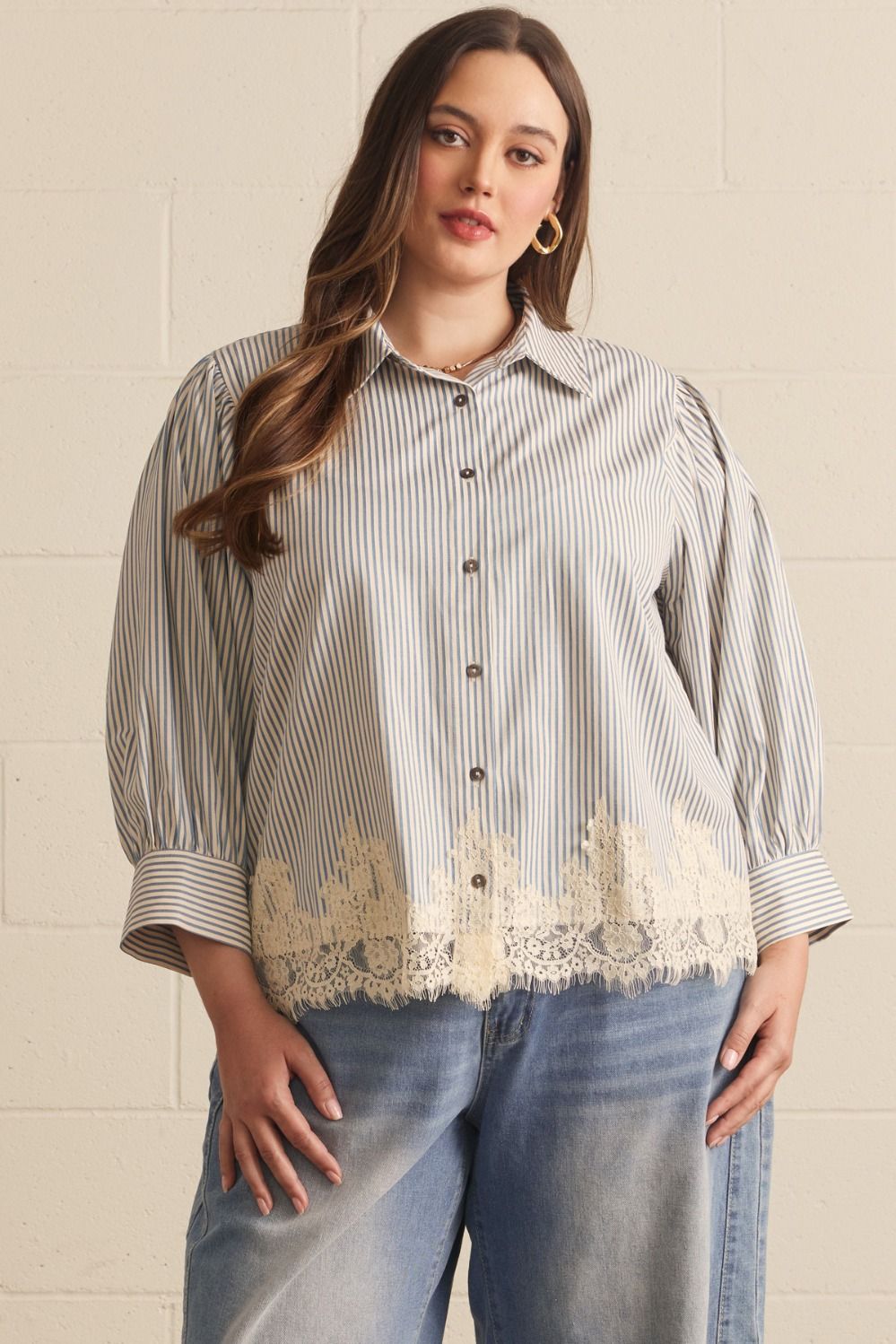 ENTRO Striped 3/4 Sleeve With Lace Hem In Chambray PLUS Sizes *COMING SOON*