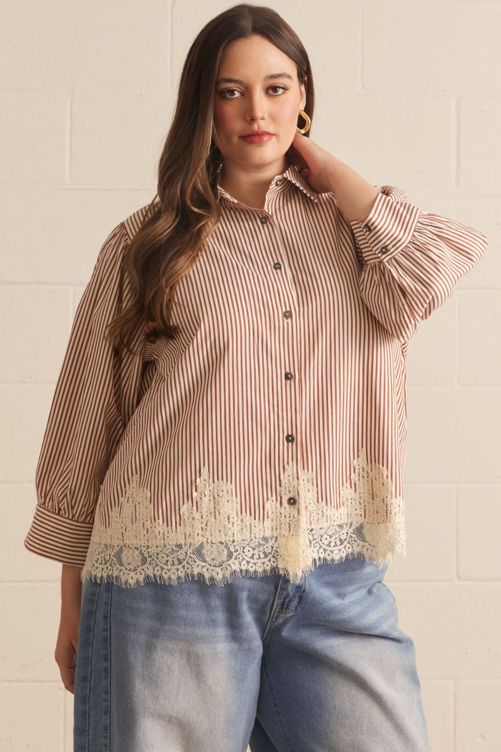 ENTRO Striped 3/4 Sleeve With Lace Hem In Rust PLUS Sizes *COMING SOON*