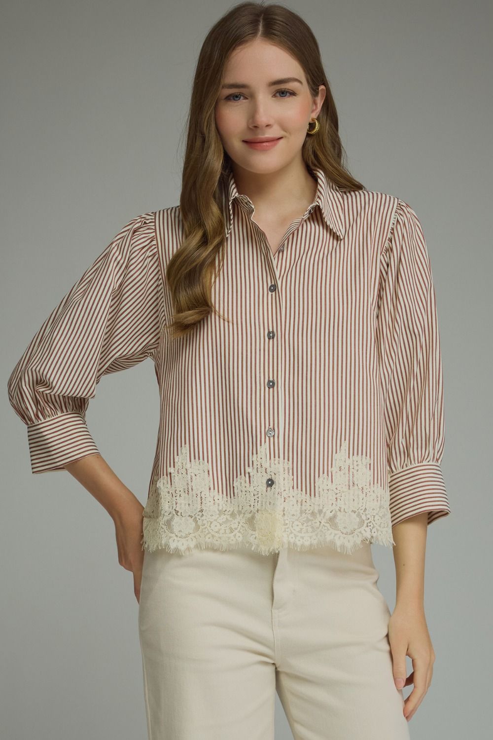 ENTRO Striped 3/4 Sleeve With Lace Hem In Rust
