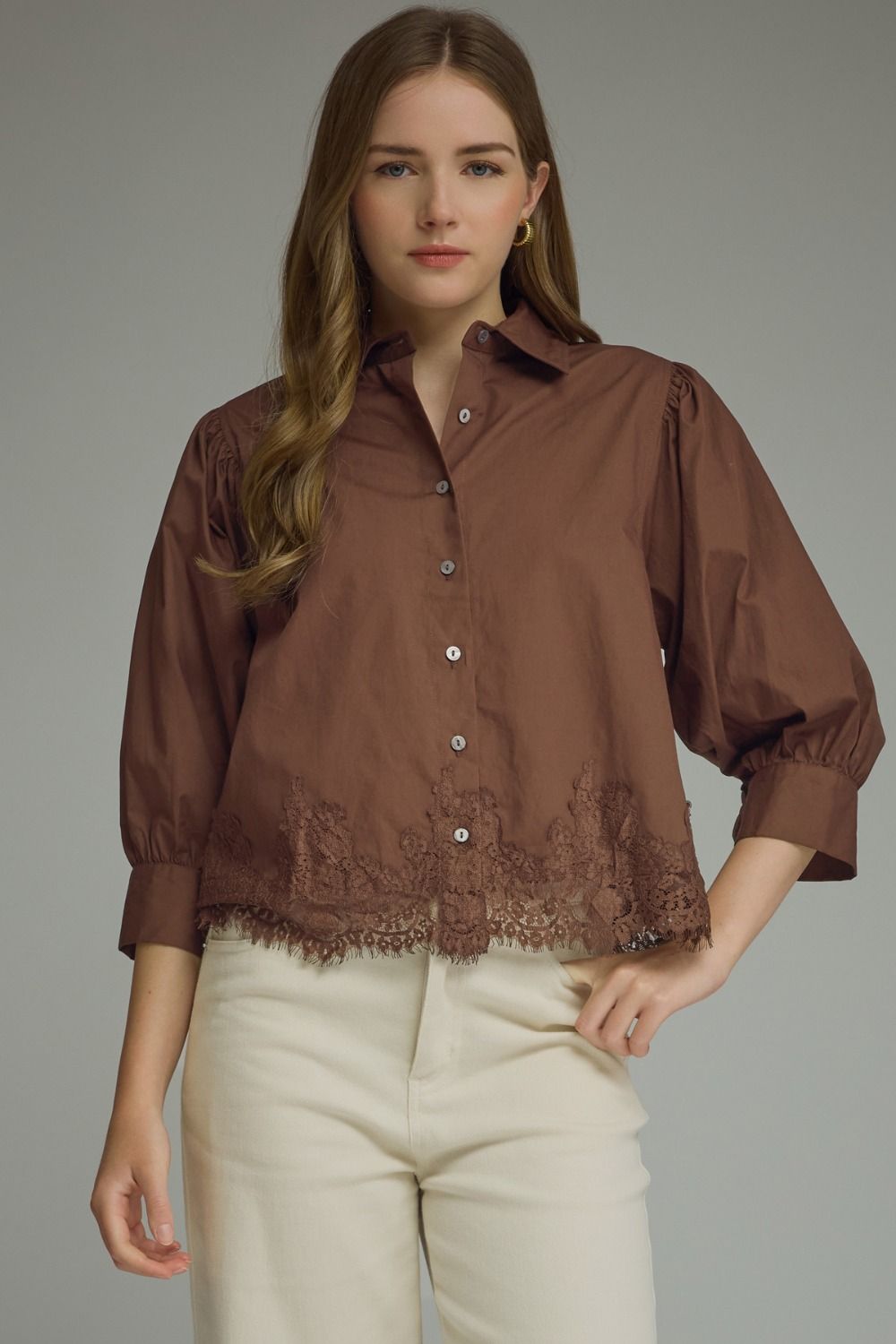 ENTRO Solid 3/4 Sleeve Top With Lace Trim In Brown