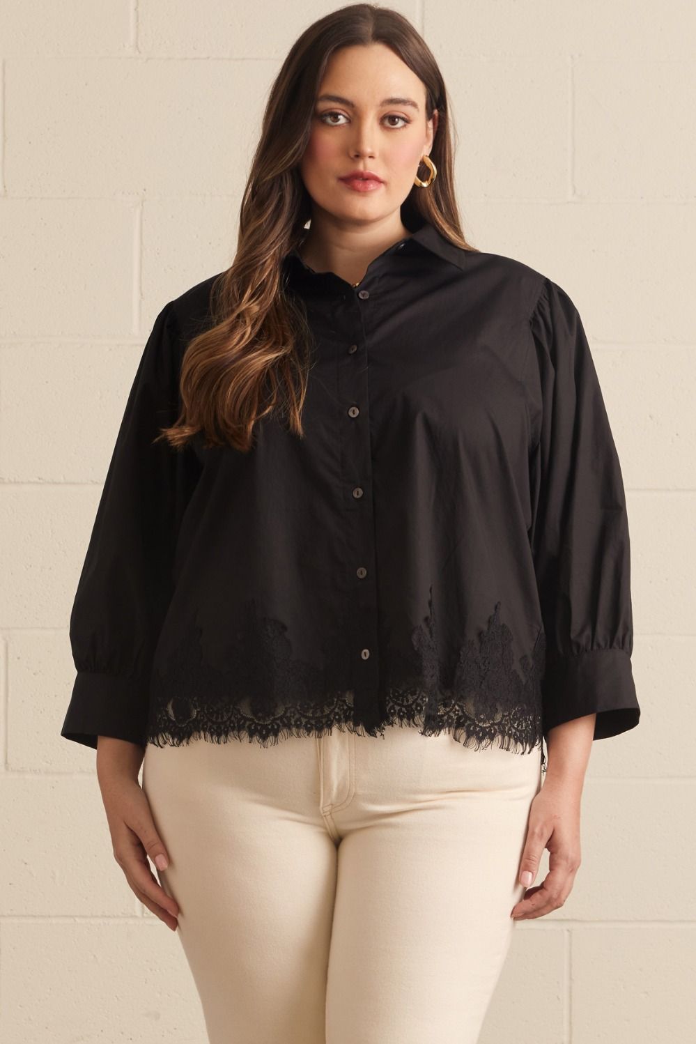 ENTRO Solid 3/4 Sleeve Top With Lace Trim In Black PLUS Sizes