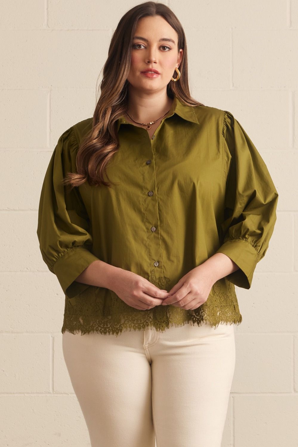 ENTRO Solid 3/4 Sleeve Top With Lace Trim In Martini Olive PLUS Sizes