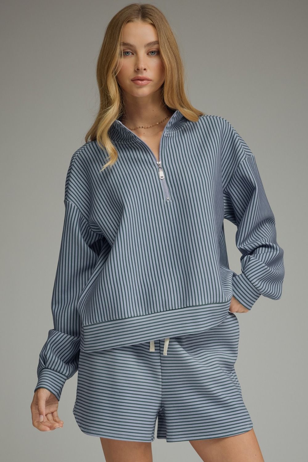 ENTRO Striped Long Sleeve Zipped Top In Hunter Green Blue