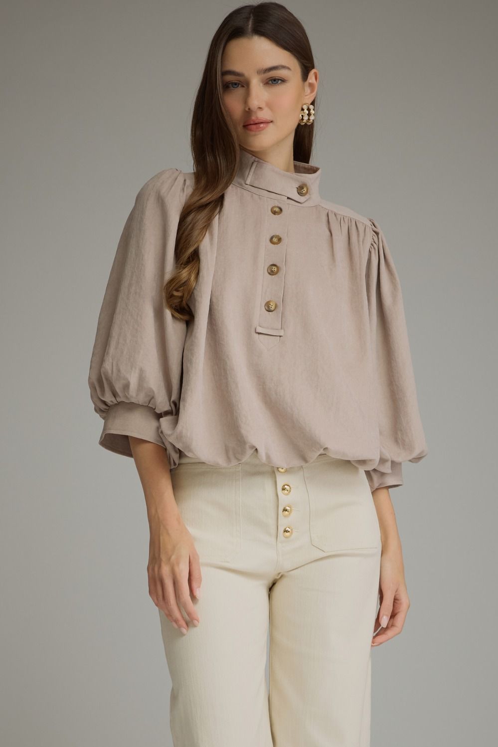 ENTRO Solid 3/4 Balloon Sleeve Top With Stand Collar In Latte