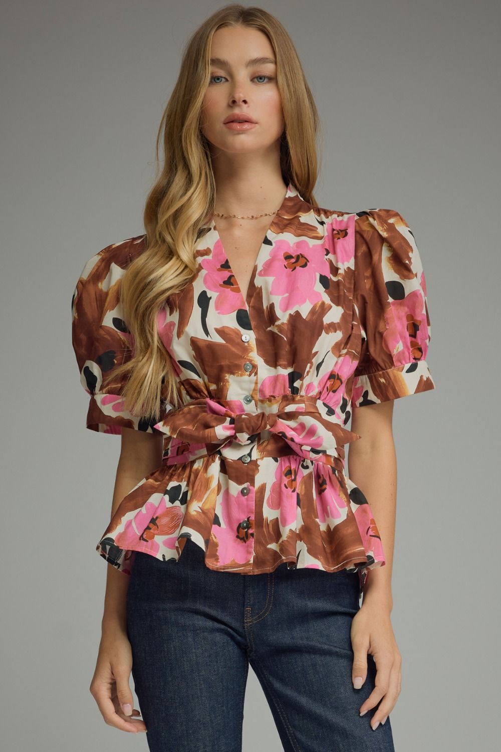 ENTRO Floral Short Sleeve Top With Self Tie Waist In Brown *COMING SOON*