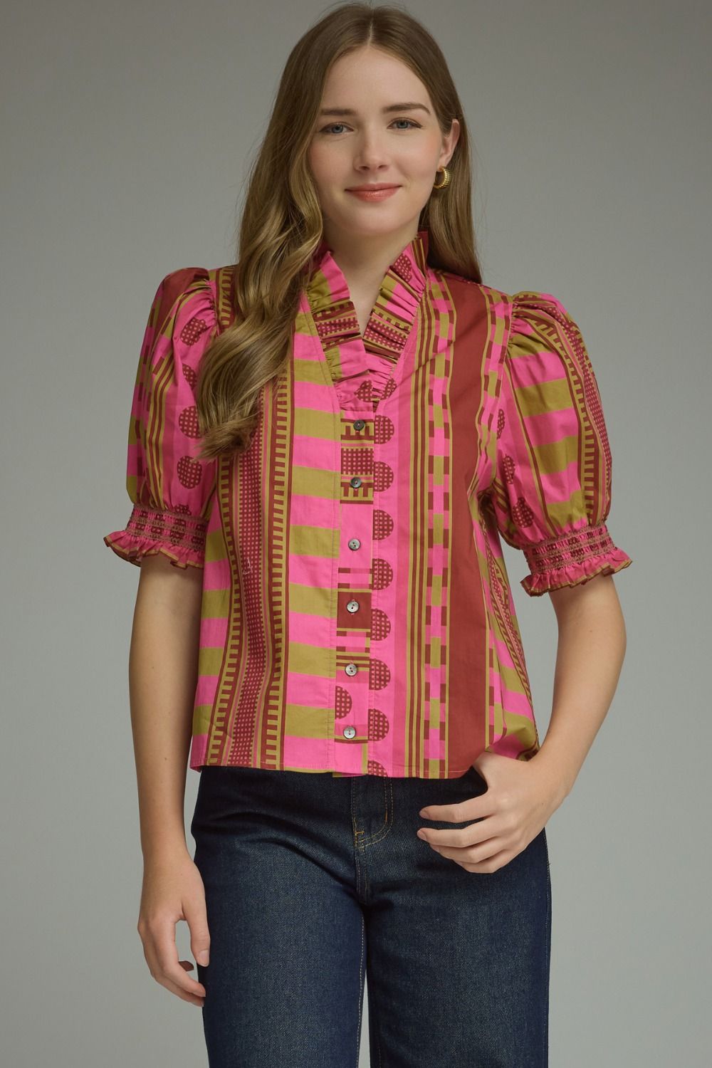 ENTRO Mixed Print Ruffle Neck Top In Plum *COMING SOON*