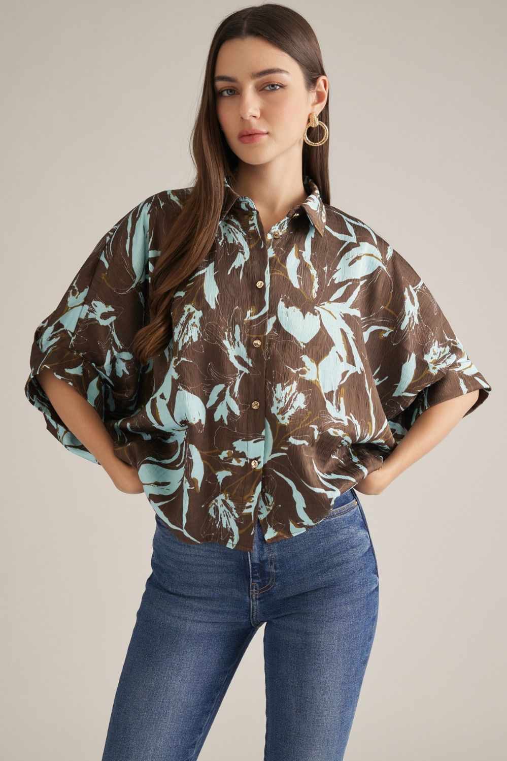 ENTRO Printed Dolman Sleeve Top In Brown Blue