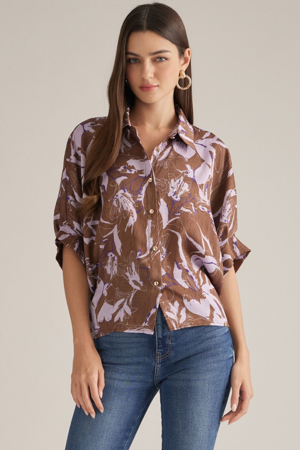 ENTRO Printed Dolman Sleeve Top In Cocoa