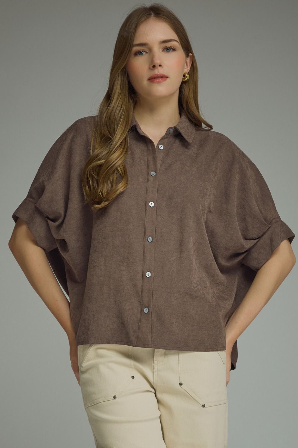 ENTRO Solid Dolman Sleeve Top In Brown