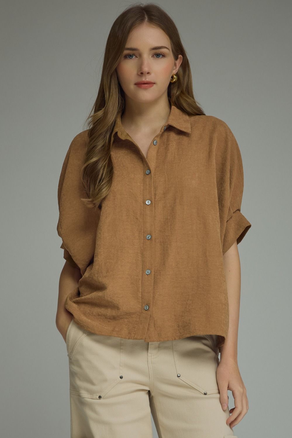 ENTRO Solid Dolman Sleeve Top In Camel