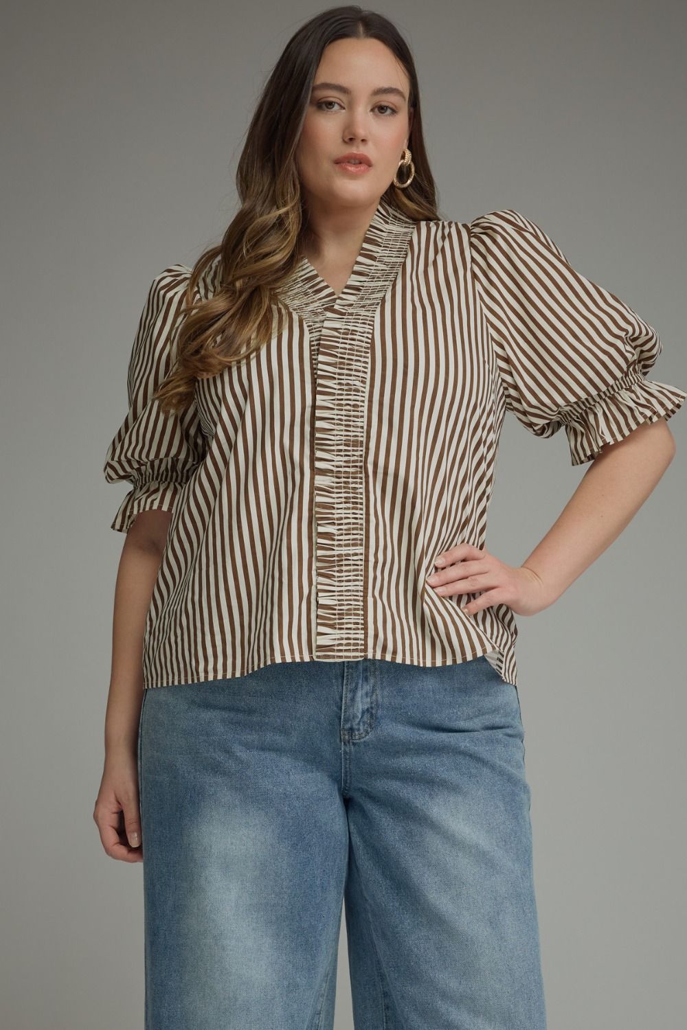 ENTRO Striped 3/4 Sleeve Ruffle Hem Top In Brown PLUS Sizes