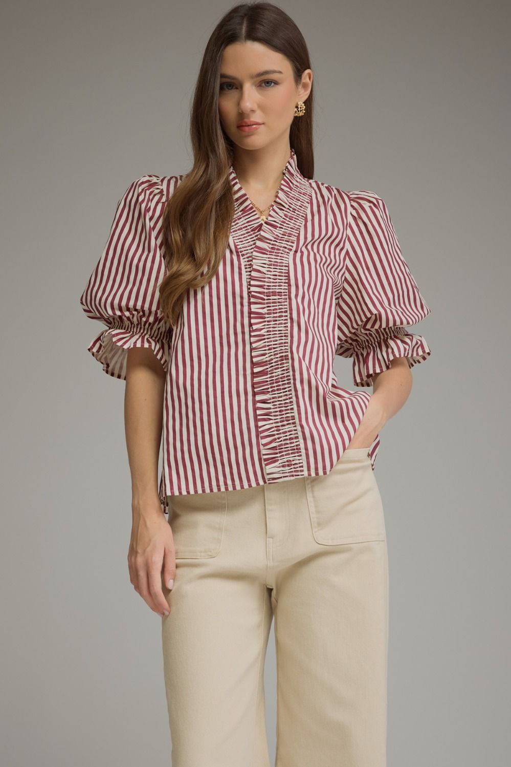 ENTRO Striped 3/4 Sleeve Ruffle Hem Top In Plum