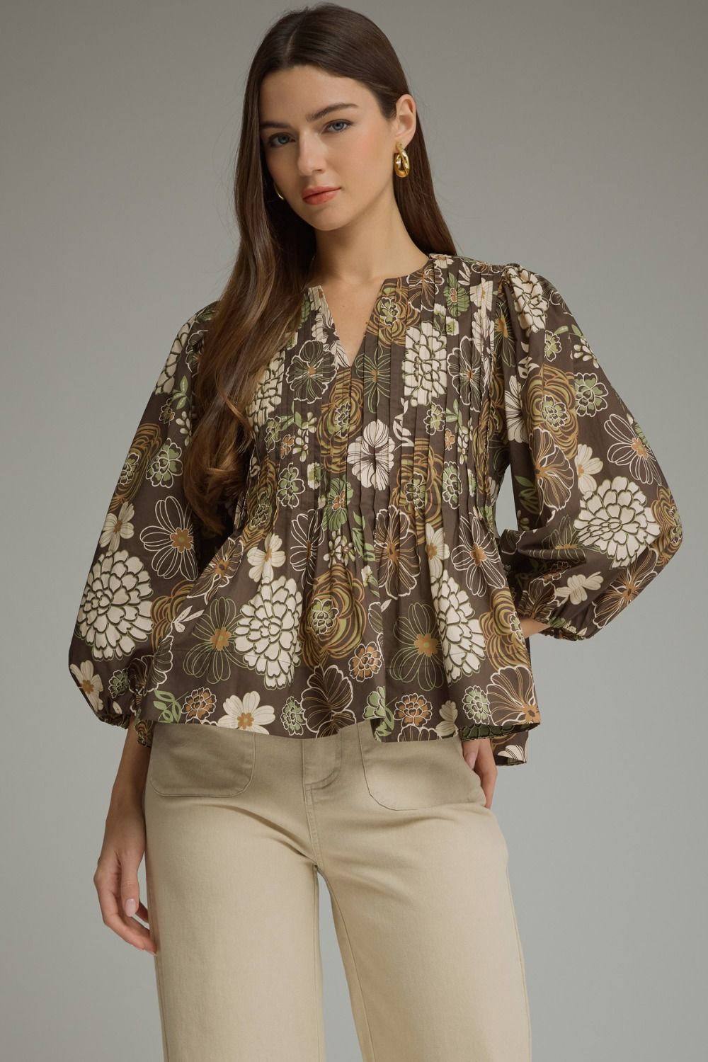 ENTRO Floral 3/4 Balloon Sleeve Top In Brown