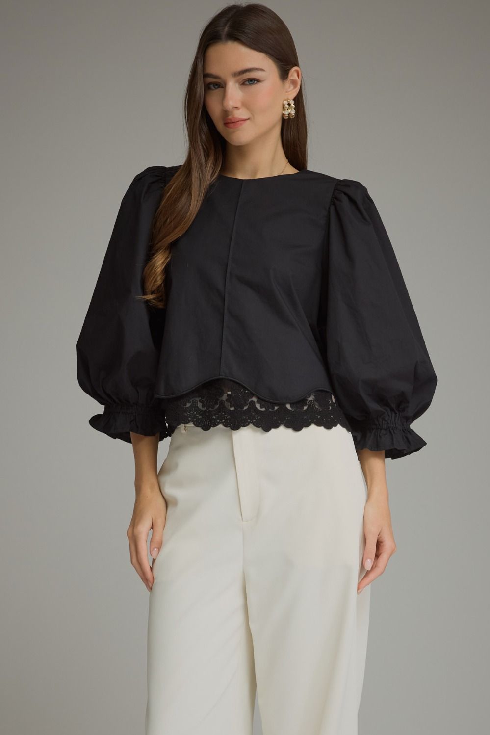 ENTRO Solid 3/4 Balloon Sleeve Top With Lace Hem In Black