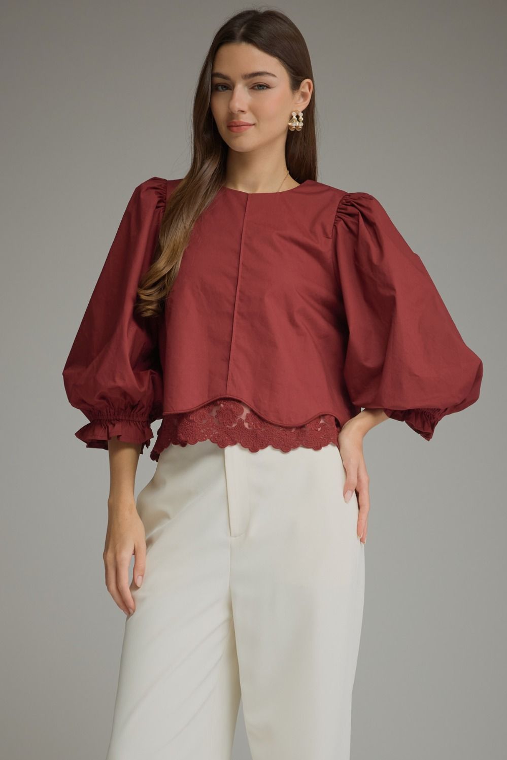 ENTRO Solid 3/4 Balloon Sleeve Top With Lace Hem In Burgundy